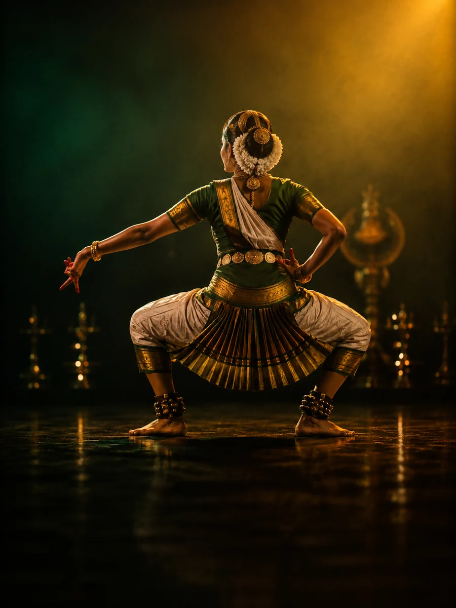 A Bharatanatyam dancer in araimandi, the half-seated stance, arms extended