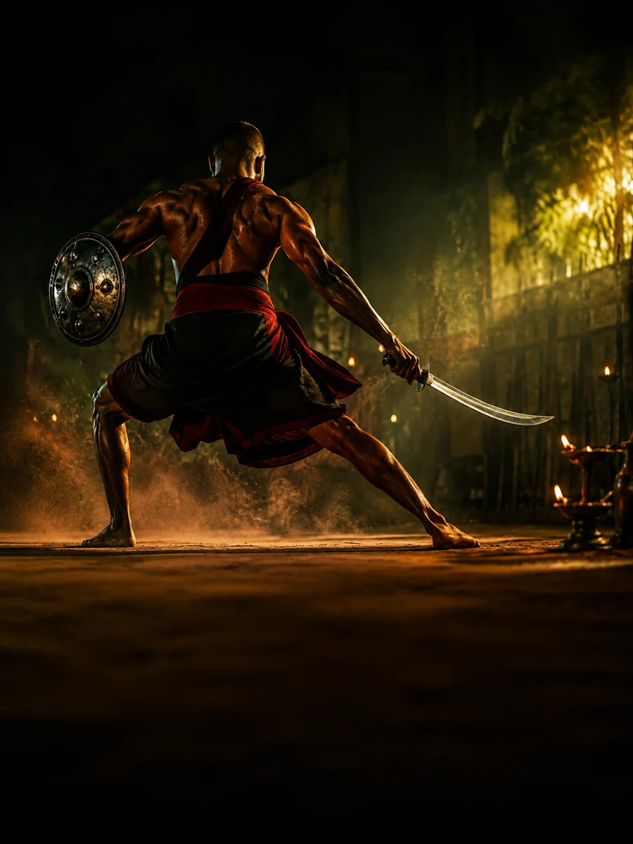 A Kalarippayattu practitioner in a low stance with a curved sword and shield