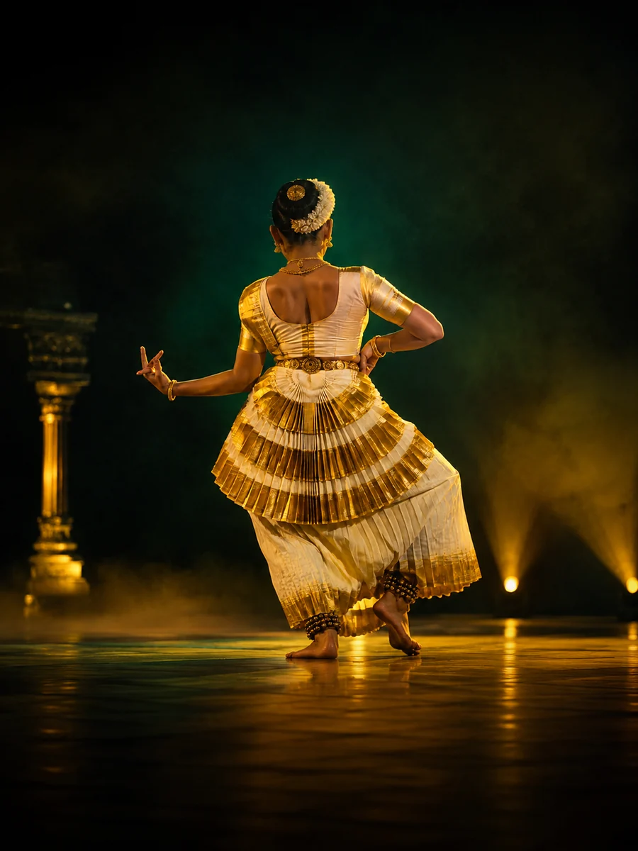A solo Mohiniyattam dancer in white and gold kasavu, mid-turn beside a lamp