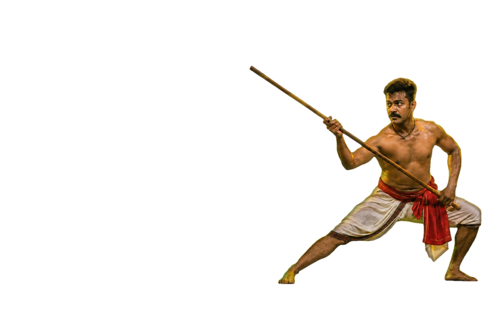 A Kalarippayattu practitioner in a low stance, holding a kettukari staff